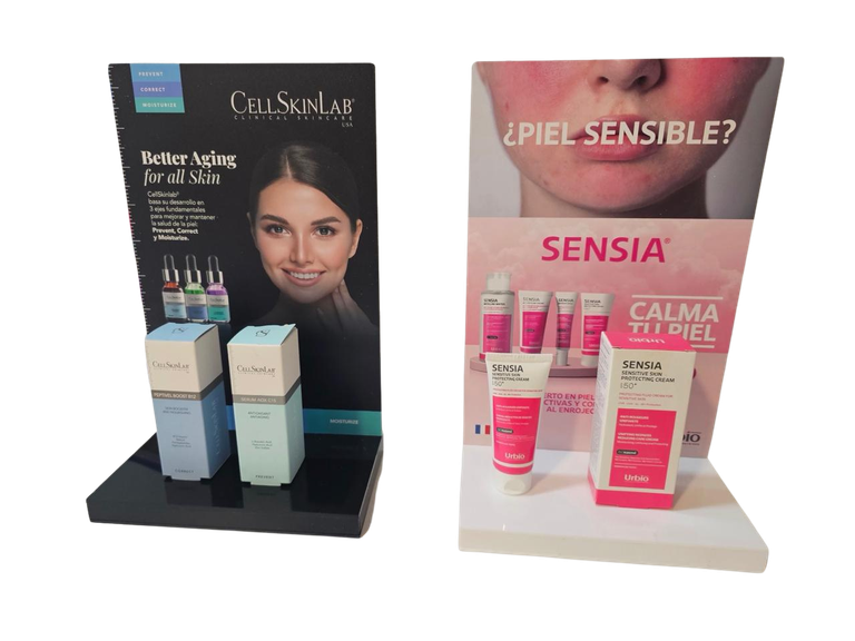 Exhibidores de punto de venta para las marcas CellSkinLab y Sensia